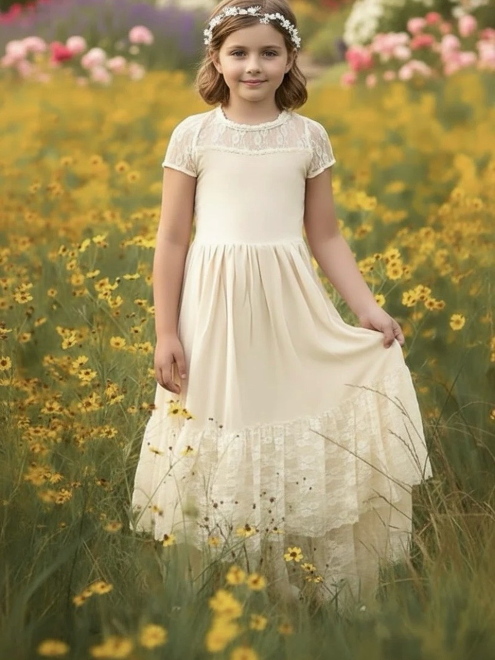 Trish Scully Child Meghan Gown Sunshine Size 5 Tiered Lace Embroidered NEW